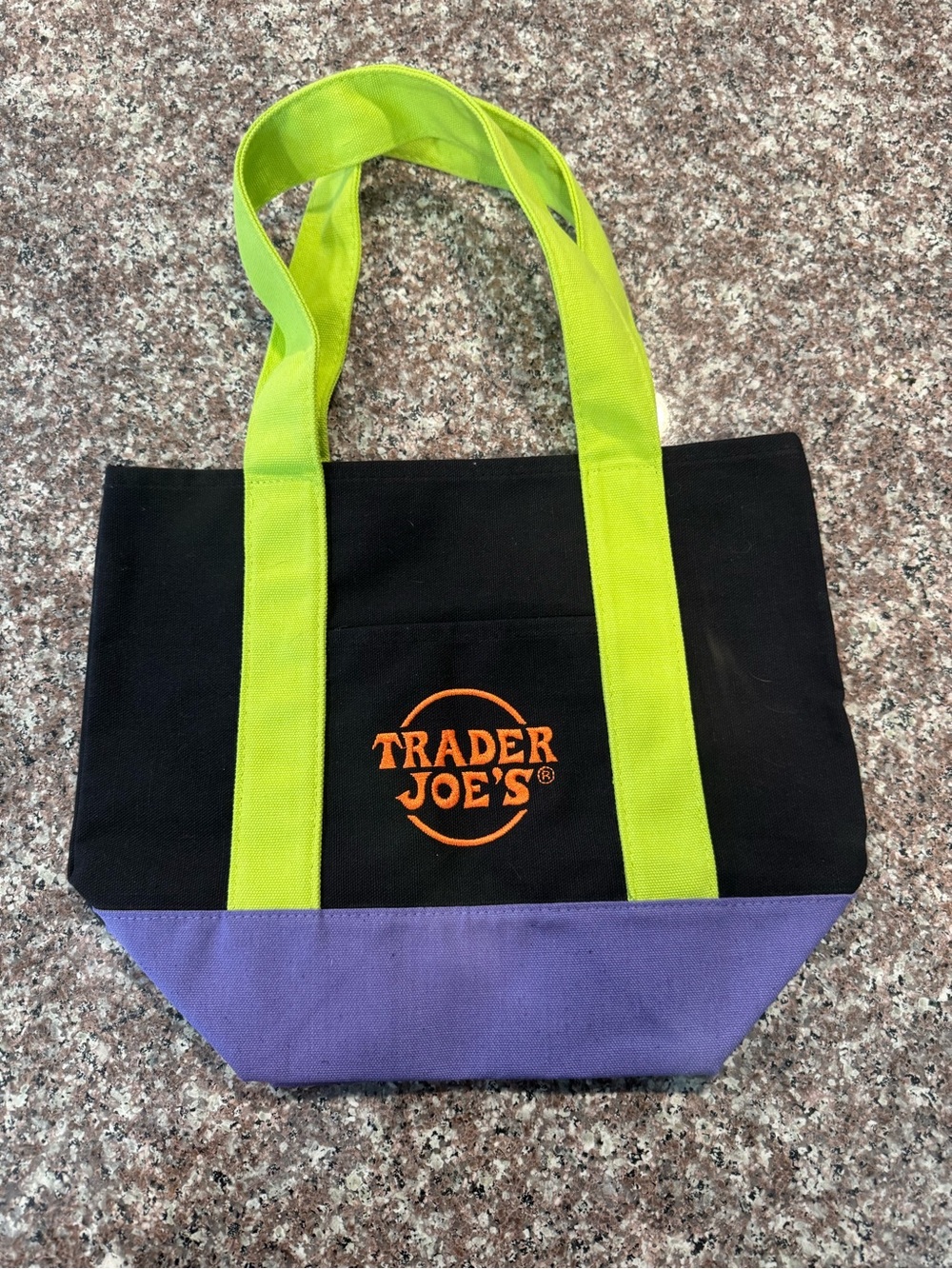 Trader Joe's Black Tote with Lime Green Handles and Purple Base